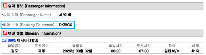 국내선 숫자 PNR 미표출 여정표