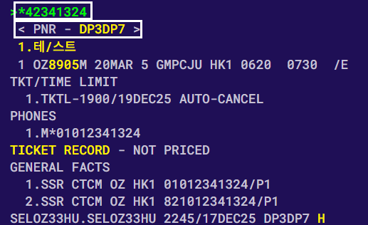 국내선 숫자 PNR 미표출 조회